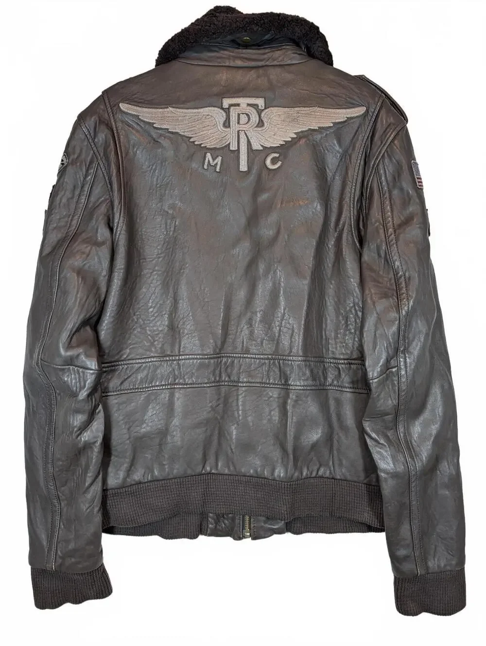 True Religion TR-80 So Cal Leather Bomber Sherpa Collar Jacket Mens XXXL Patches